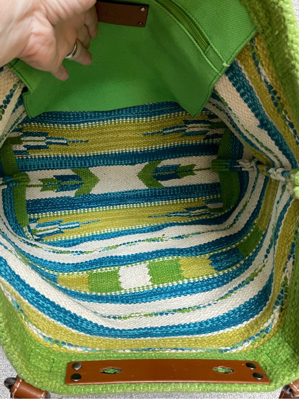 Woven Green & Blue Stripe Tote Bag with Leather Straps - Picture 7 of 15